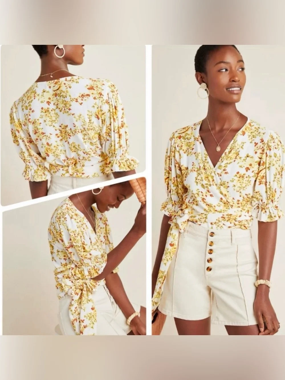 Faithfull the Brand Mali Wrap Top in Off White Goldie Floral Size XS